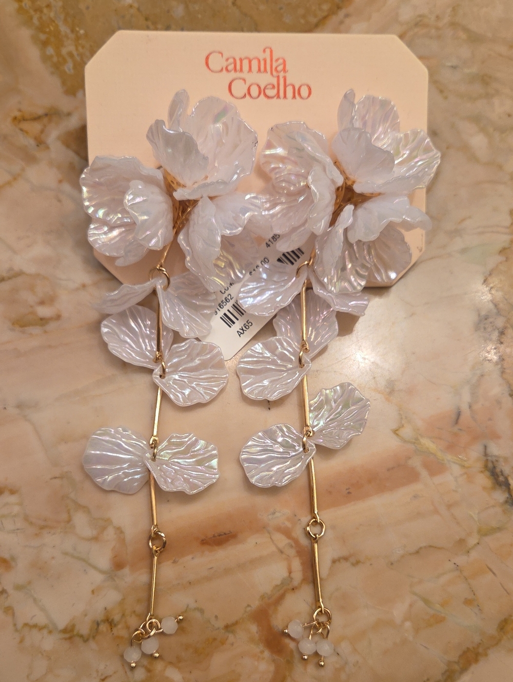 Camila Coelho Iridescent White Floral Drop Earrings with Gold Accents